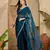 women's teal silk blend chiffon swaroski work saree with unstitched blouse piece