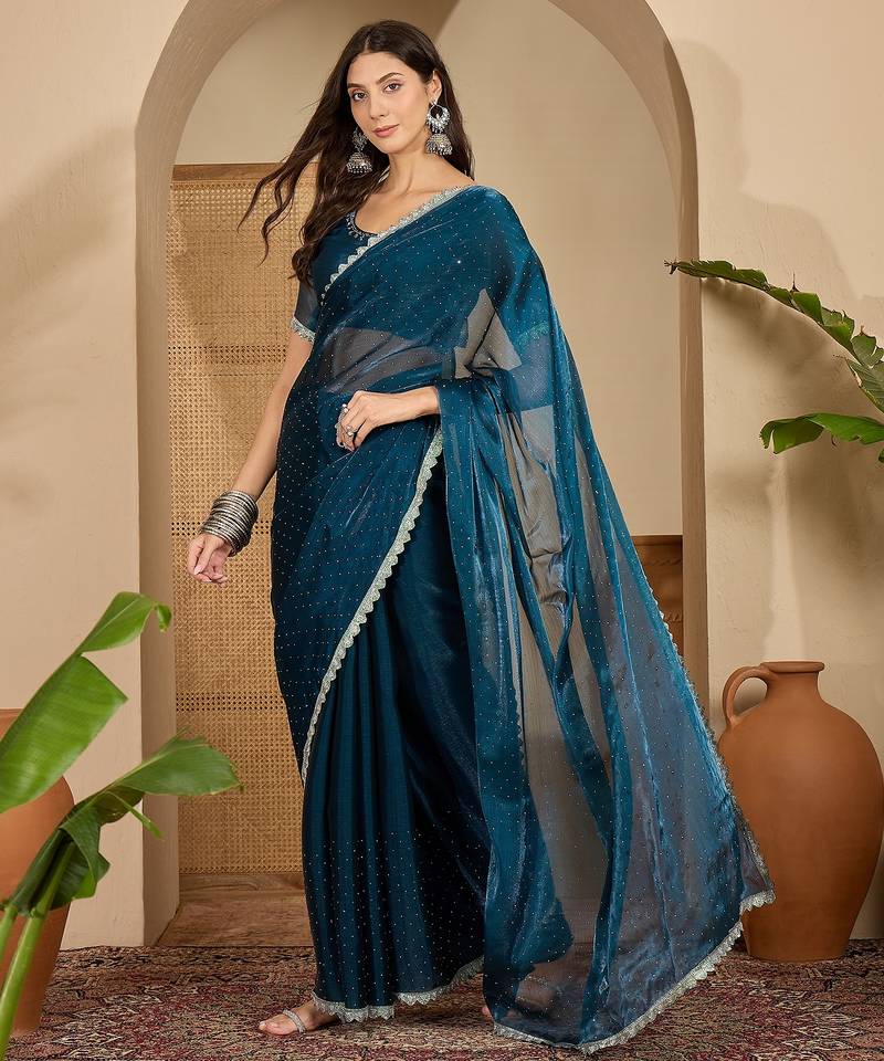 women's teal silk blend chiffon swaroski work saree with unstitched blouse piece