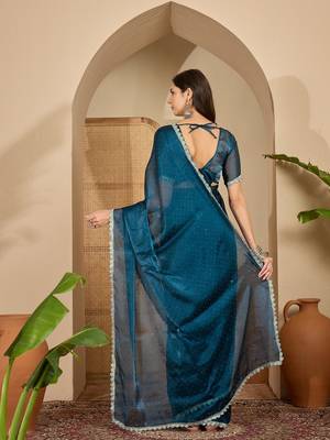 women's teal silk blend chiffon swaroski work saree with unstitched blouse piece 3