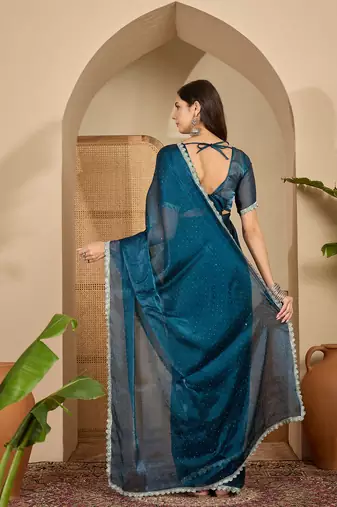 women's teal silk blend chiffon swaroski work saree with unstitched blouse piece