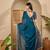 women's teal silk blend chiffon swaroski work saree with unstitched blouse piece