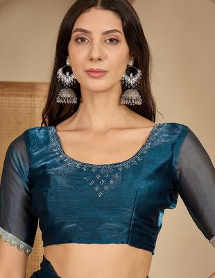 women's teal silk blend chiffon swaroski work saree with unstitched blouse piece 4