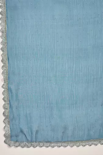 women's teal silk blend chiffon swaroski work saree with unstitched blouse piece