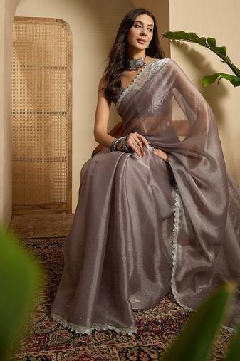 women's grey silk blend chiffon swaroski work saree with unstitched blouse piece