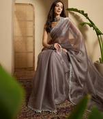 women's grey silk blend chiffon swaroski work saree with unstitched blouse piece