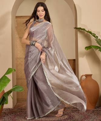 women's grey silk blend chiffon swaroski work saree with unstitched blouse piece 2
