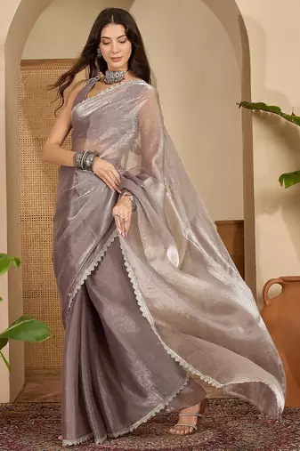 women's grey silk blend chiffon swaroski work saree with unstitched blouse piece