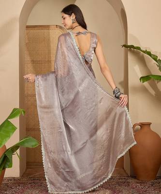 women's grey silk blend chiffon swaroski work saree with unstitched blouse piece 3