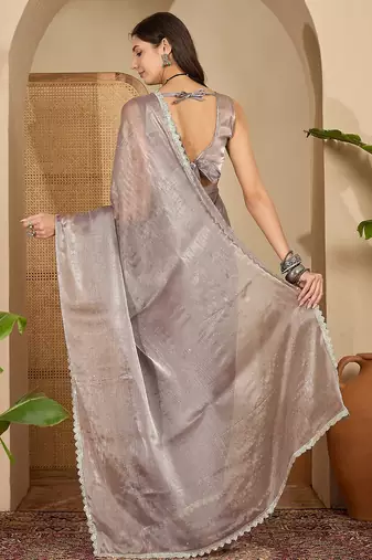women's grey silk blend chiffon swaroski work saree with unstitched blouse piece