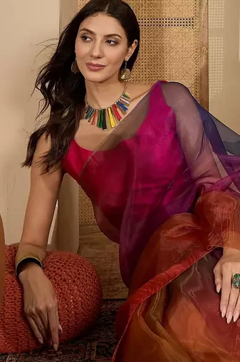 Women's multi organza printed saree with unstitched blouse piece
