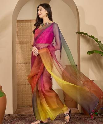 Women's multi organza printed saree with unstitched blouse piece 1