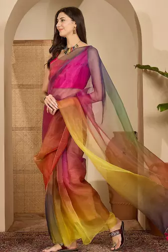 Women's multi organza printed saree with unstitched blouse piece