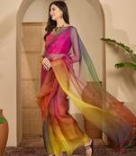 Women's multi organza printed saree with unstitched blouse piece