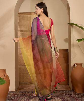 Women's multi organza printed saree with unstitched blouse piece 3