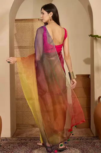 Women's multi organza printed saree with unstitched blouse piece