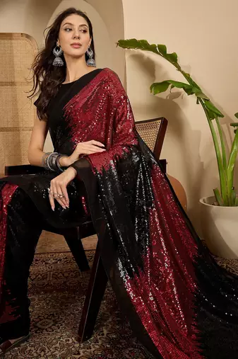 Women's red georgette sequence work saree with unstitched blouse piece