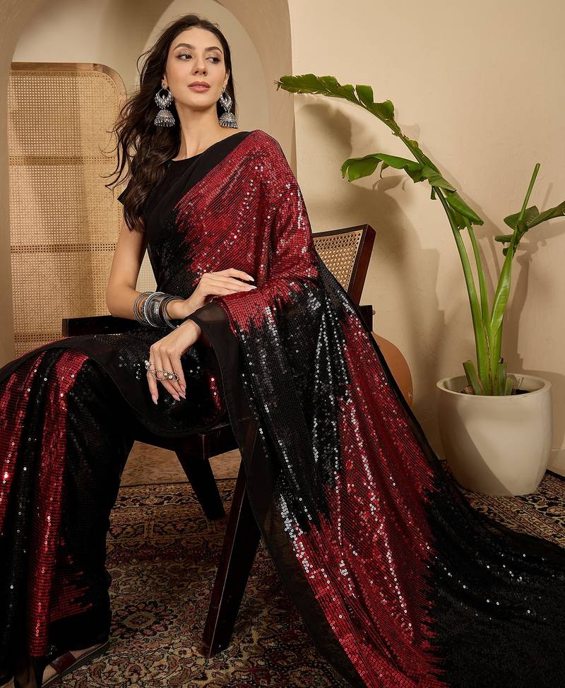 Women's red georgette sequence work saree with unstitched blouse piece