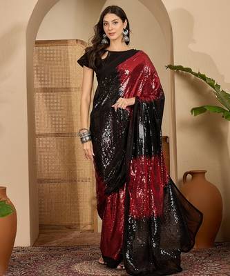 Women's red georgette sequence work saree with unstitched blouse piece 1
