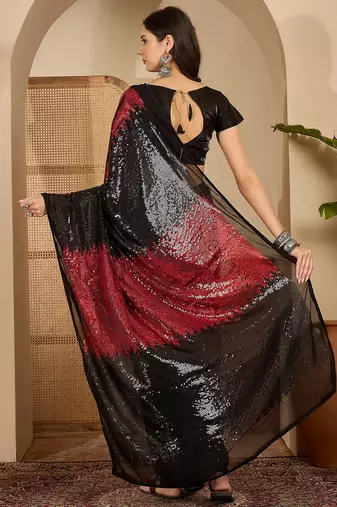Women's red georgette sequence work saree with unstitched blouse piece