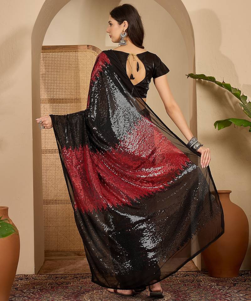Women's red georgette sequence work saree with unstitched blouse piece