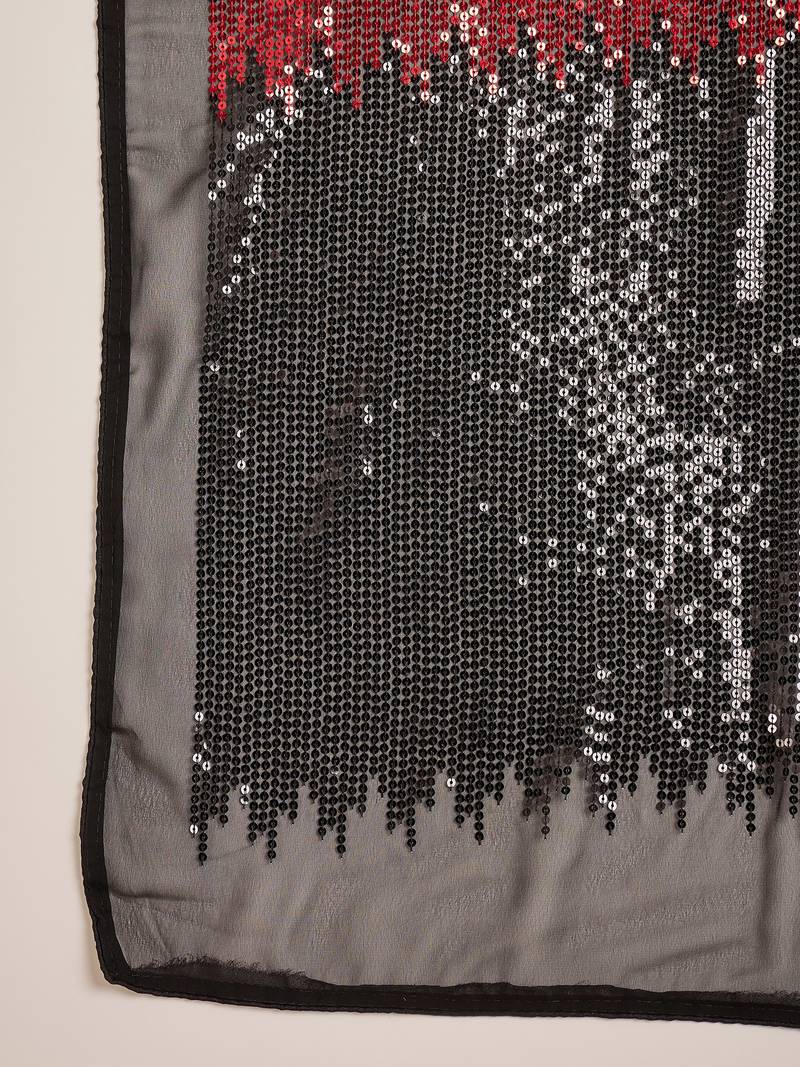 Women's red georgette sequence work saree with unstitched blouse piece