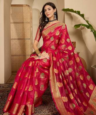 Women's rani organza woven saree with unstitched blouse piece 1