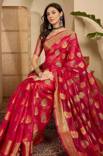 Women's rani organza woven saree with unstitched blouse piece