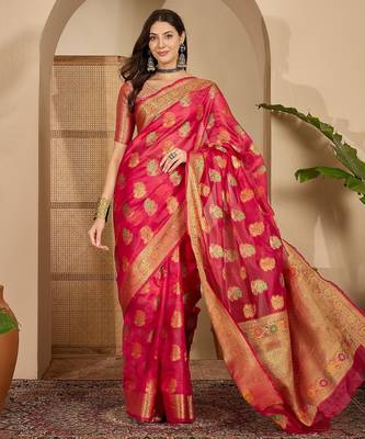 Women's rani organza woven saree with unstitched blouse piece 2