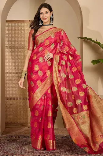 Women's rani organza woven saree with unstitched blouse piece