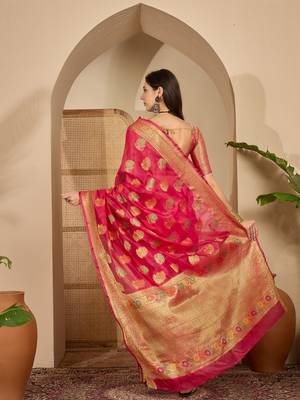 Women's rani organza woven saree with unstitched blouse piece 3