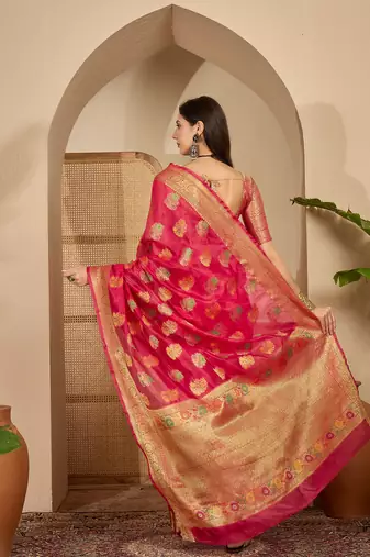 Women's rani organza woven saree with unstitched blouse piece