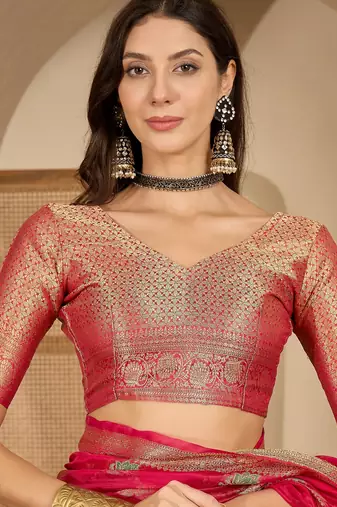 Women's rani organza woven saree with unstitched blouse piece