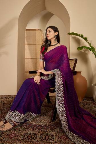 women's purple silk blend chiffon embroidered saree with unstitched blouse piece