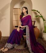 women's purple silk blend chiffon embroidered saree with unstitched blouse piece