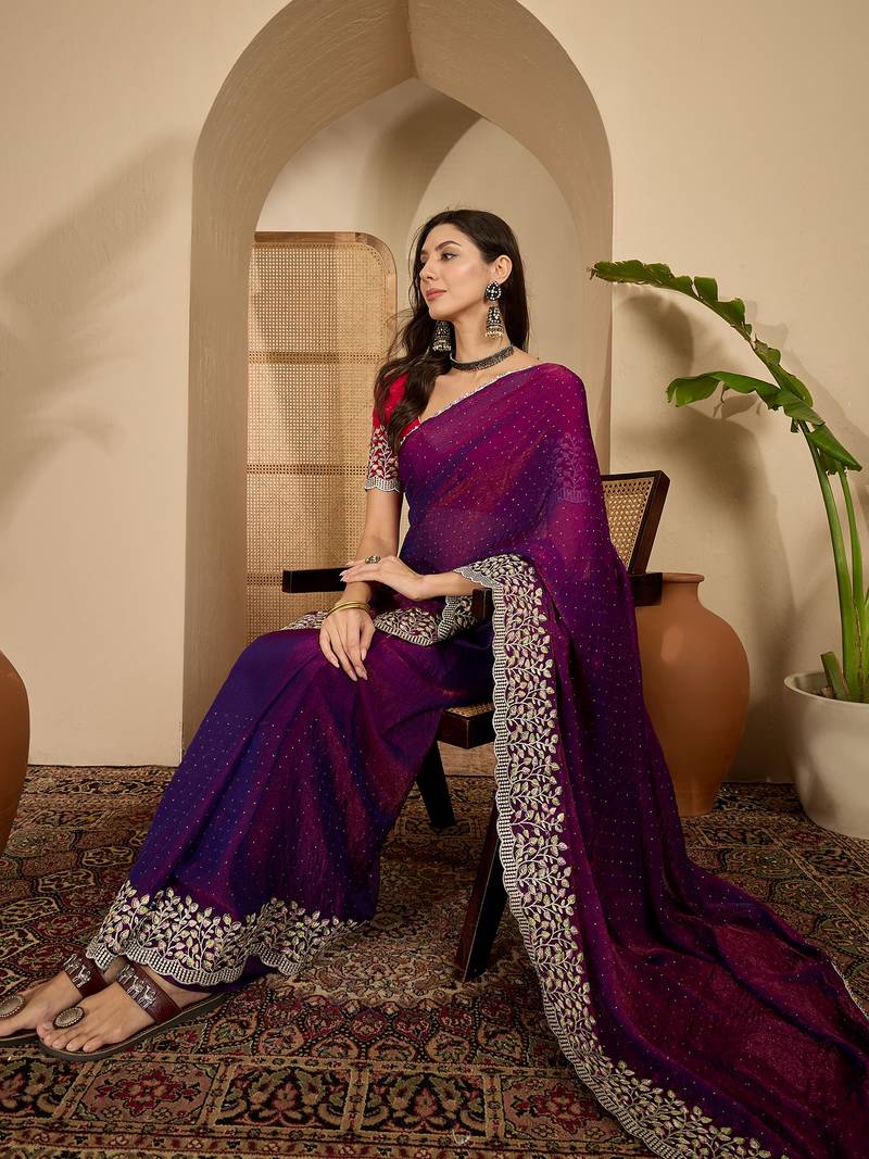 women's purple silk blend chiffon embroidered saree with unstitched blouse piece