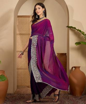 women's purple silk blend chiffon embroidered saree with unstitched blouse piece 2