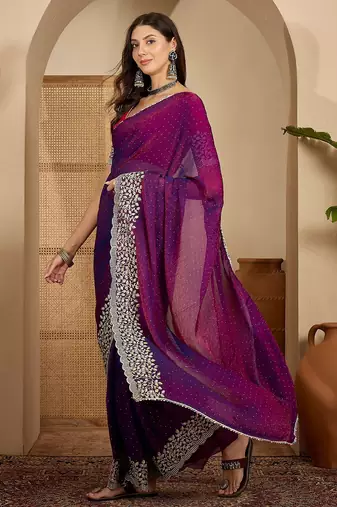 women's purple silk blend chiffon embroidered saree with unstitched blouse piece