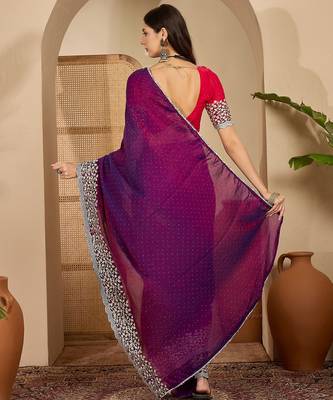 women's purple silk blend chiffon embroidered saree with unstitched blouse piece 3