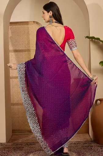 women's purple silk blend chiffon embroidered saree with unstitched blouse piece
