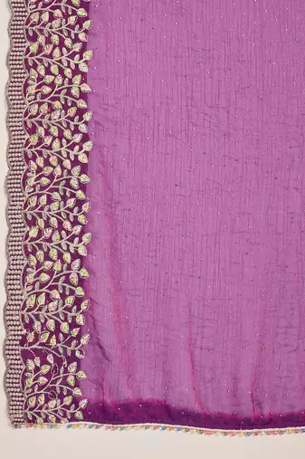 women's purple silk blend chiffon embroidered saree with unstitched blouse piece