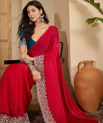 women's rani silk blend chiffon embroidered saree with unstitched blouse piece 1