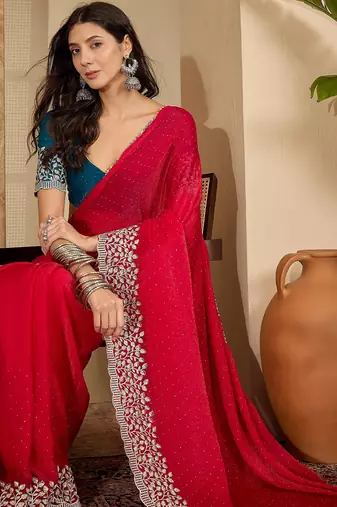 women's rani silk blend chiffon embroidered saree with unstitched blouse piece
