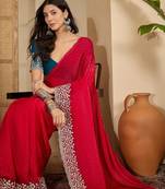 women's rani silk blend chiffon embroidered saree with unstitched blouse piece