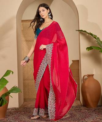 women's rani silk blend chiffon embroidered saree with unstitched blouse piece 2