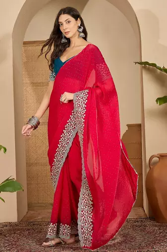 women's rani silk blend chiffon embroidered saree with unstitched blouse piece