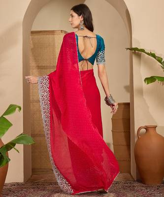 women's rani silk blend chiffon embroidered saree with unstitched blouse piece 3