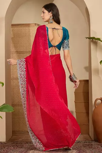 women's rani silk blend chiffon embroidered saree with unstitched blouse piece