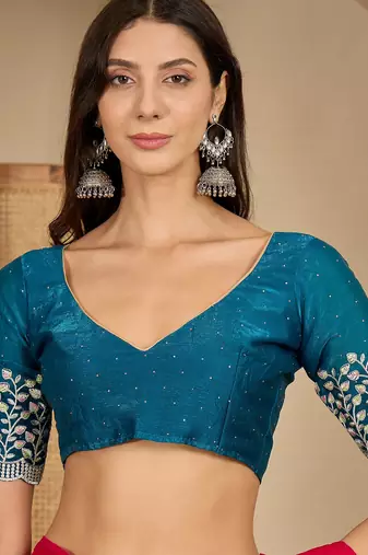 women's rani silk blend chiffon embroidered saree with unstitched blouse piece