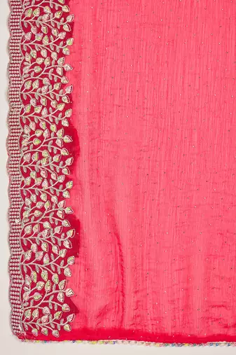 women's rani silk blend chiffon embroidered saree with unstitched blouse piece