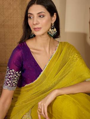 women's neon silk blend chiffon embroidered saree with unstitched blouse piece 2